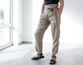Linen pants BELLA / Tapered Linen Pants / Handmade / elegant pants / Paper Bag Waist / gift for her / natural linen / MinimalisticLinen