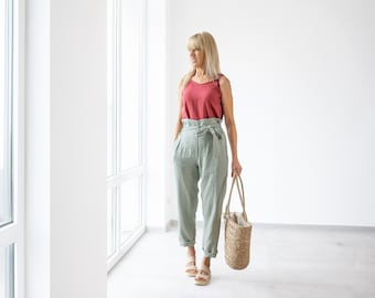 Bella Linen Pants for Women / High Waisted Linen Trousers With A Belt