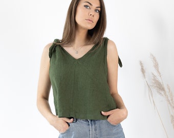 Damen Leinen Crop Top NICA / Leinen Bluse mit Schleife / Minimalistisches Leinen Top