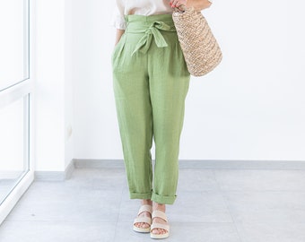 Green Linen Pants BELLA / Tapered Linen trousers / Elegant minimalist Pants / Paper Bag Waist / Gift For Her / High Waisted Linen Trousers