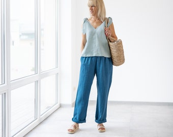 Linen Pants CECILIA / Linen Trousers / Relaxed Linen Pants / Elastic Waist Trousers / High Waist Pants