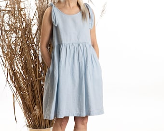 Handmade Linen summer dress BIANCA sleeveless bow tie shoulder washed and soft linen OEKO-TEX available in many colours ice blue Knee length