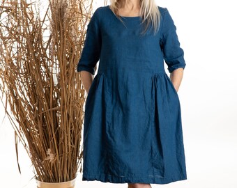 Handmade Linen dress SARAH 3/4 sleeve in midi length / washed and soft linen / OEKO-TEX certified linen available in many colours / Teal