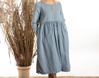 Women Linen dress summer Marseille long sleeve in maxi length / washed and soft linen / OEKO-TEX certified linen available in many colours