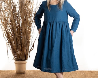 Women Linen dress summer Marseille long sleeve maxi length / washed and soft linen / OEKO-TEX available in many colours HANDMADE / Teal