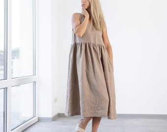 Women's Linen Dress Eve / maternity dress / Sleeveless linen dress  / loose dress / Below knee dress / ruffled linen dress / summer dress