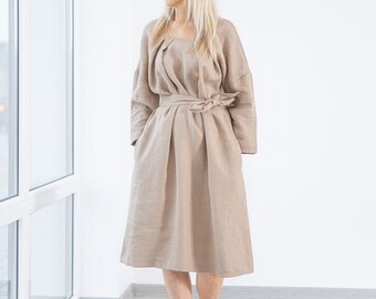 Brown linen dress Valencia long sleeve, relaxed fit knee-length/ washed and soft linen / OEKO-TEX certified linen available in many colours