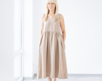 Brown Linen Dress Eve / maternity dress / Sleeveless linen dress  / loose dress / Below knee dress / ruffled linen dress / summer dress