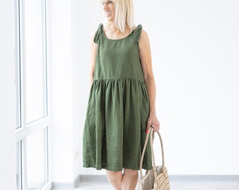 Green women Linen Dress BIANCA / sleeveless linen dress / Simple Dress With Bow Tie Shoulders / Midi Linen Dress / Ruffle dress