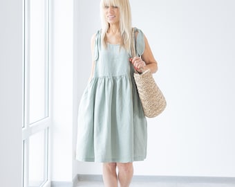 Linen Midi Dress BIANCA / Bow Tie Shoulder / Linen Clothing For Women / Ready to ship