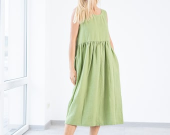 Green Women's Linen Dresses Eve / Sleeveless Linen Dress  / Loose Fit Linen Dress  / Below Knee Dress / Ruffled Linen Dress / Autumn Dress