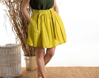 Linen Skirt for woman NATALIA / elastic waistband / Washed linen OEKO-TEX / Handmade linen skirt midi with pockets linen skirt yellow