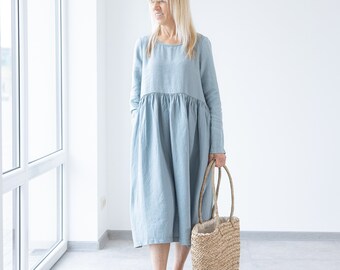 Ready to ship / Marseille Linen Dress / Long sleeve Midi ruffled