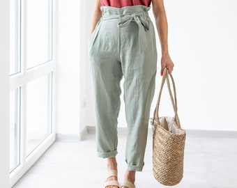 READY TO SHIP / Bella Women Paper Bag Linen Pants  / High Waisted Linen Trousers With A Belt