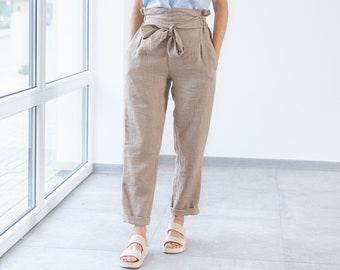 Pantalon en lin marron BELLA / pantalon fuselé en lin / pantalon élégant / taille sac en papier / cadeau pour elle / lin naturel / lin minimaliste