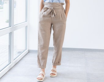 Braune Leinenhose BELLA / Tapered Leinenhose / elegante Hose / Paper Bag Taille / Geschenk für Sie / natürliches Leinen / MinimalisticLinen