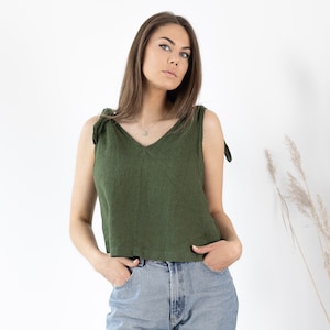 Women's Linen Crop Top NICA / Linen Blouse Bow Tie Shoulders / Minimalist Linen Top