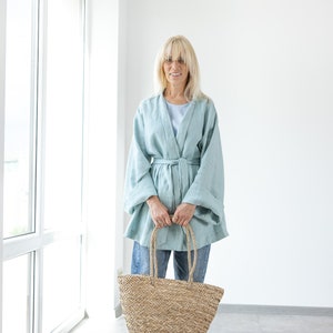 Linen KIMONO GRACE / Women Linen Cardigan / Linen jacket / Linen Cardigan With belt / Short linen dressing / Oversized Linen Jacket