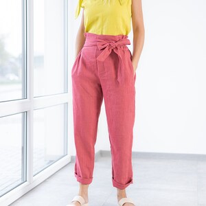RED Linen Pants BELLA / Tapered Linen Pants / Elegant Pants / Paper Bag Waist / Natural Linen Pants / High Waisted Linen Trousers