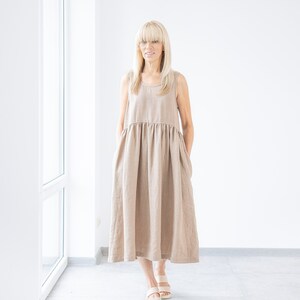 Brown Linen Dress Eve / maternity dress / Sleeveless linen dress  / loose dress / Below knee dress / ruffled linen dress / summer dress