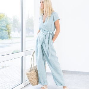 Womens Wrap Linen jumpsuit Mila / Wrapped linen jumpsuit / Loose linen overalls / Linen romper with belt / wrapped Fall jumpsuit