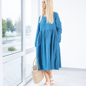 Blue Linen dress / Marseille / maternity dress / boho linen dress / loose fit dress / below knee dress / Ruffle linen dress with pockets