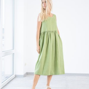 Green Women&#39;s Linen Dresses Eve / Sleeveless Linen Dress  / Loose Fit Linen Dress  / Below Knee Dress / Ruffled Linen Dress / Autumn Dress
