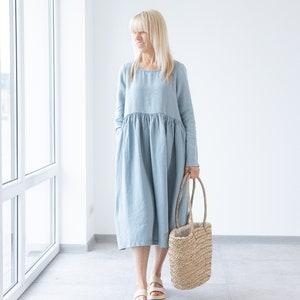 Ready to ship / Marseille Linen Dress / Long sleeve Midi ruffled