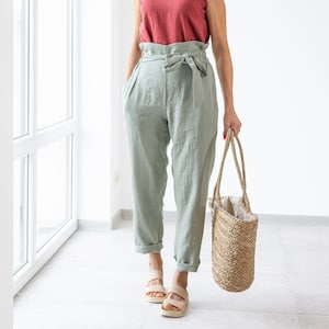 READY TO SHIP / Bella Women Paper Bag Linen Pants  / High Waisted Linen Trousers With A Belt