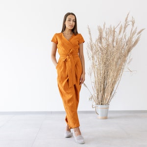 Women&#39;s Linen Jumpsuit / Linen Wrap Jumpsuit / Linen Jumpsuit Overalls