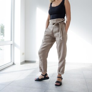 Linen pants BELLA / Tapered Linen Pants / Handmade / elegant pants / Paper Bag Waist / gift for her / natural linen / MinimalisticLinen