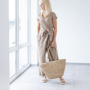 Brown Linen Jumpsuit / Mila / Loose Linen Overalls / Linen romper with belt / handmade wrapped linen jumpsuit image 1