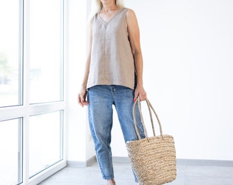 Linen Top NAOMI / women's linen t-shirt / linen sleeveless blouse / linen shirt / loose fit top / basic top / soft linen top / summer blouse