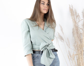 Ready to ship / Women's Wrap Top Esmeralda / Linen Wrap Blouse / Women Wrapped Top