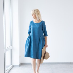 Blue Linen ruffled dress SARAH / Women linen dress / summer dress / linen SIMPLE dress / Handmade clothing / simple dress / minimalistic image 4