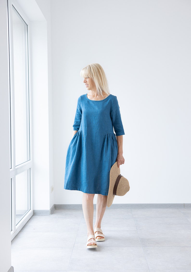 Blue Linen ruffled dress SARAH / Women linen dress / summer dress / linen SIMPLE dress / Handmade clothing / simple dress / minimalistic image 4