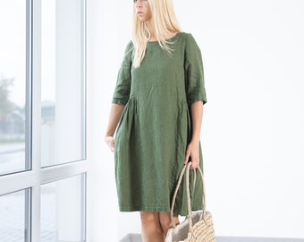 Green Linen dress SARAH 3/4 Sleeve In Midi Length / Ruffle Linen Dress With Pockets / Loose Linen dresses  / Pure linen dress