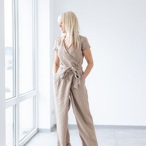 Brown Linen Jumpsuit / Mila / Loose Linen Overalls / Linen romper with belt / handmade wrapped linen jumpsuit image 3