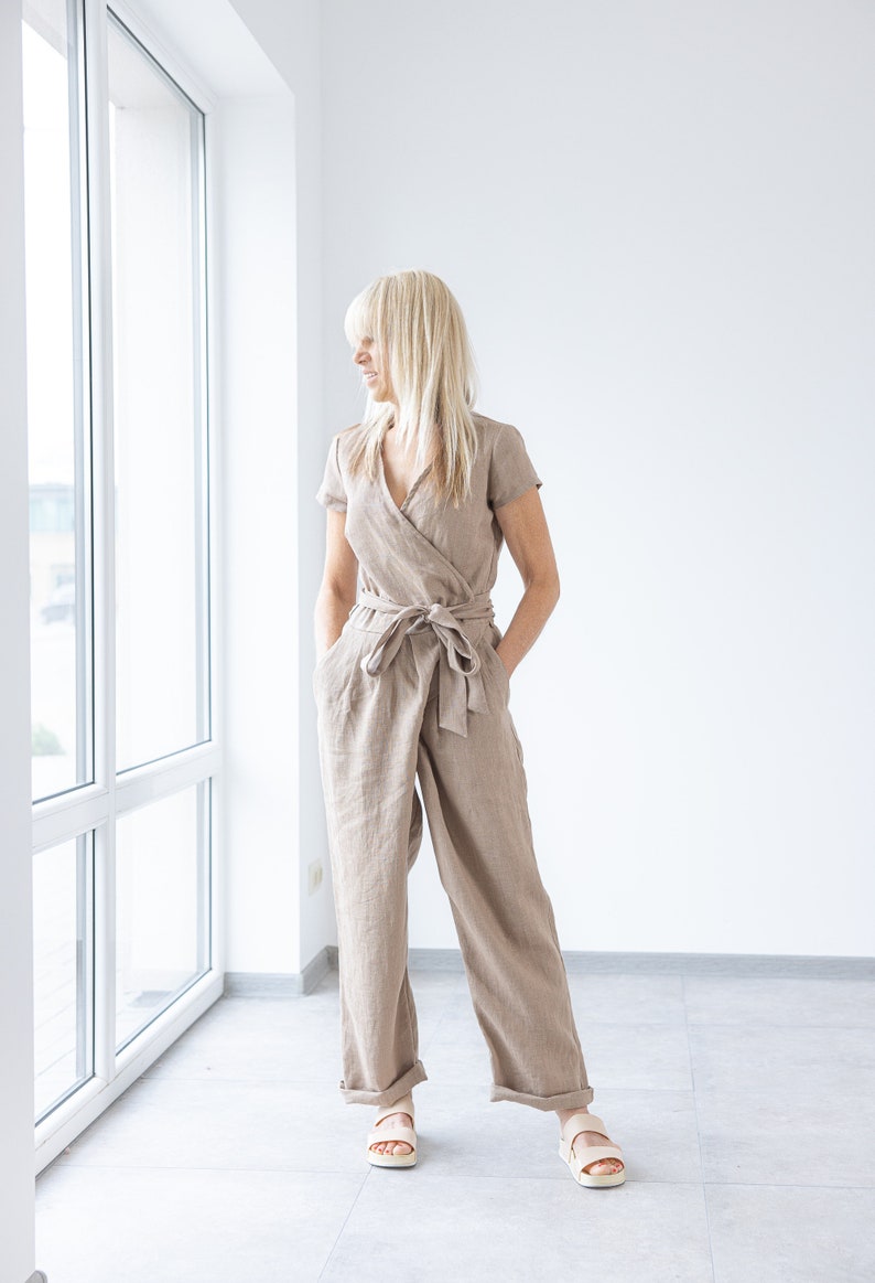 Brown Linen Jumpsuit / Mila / Loose Linen Overalls / Linen romper with belt / handmade wrapped linen jumpsuit image 3