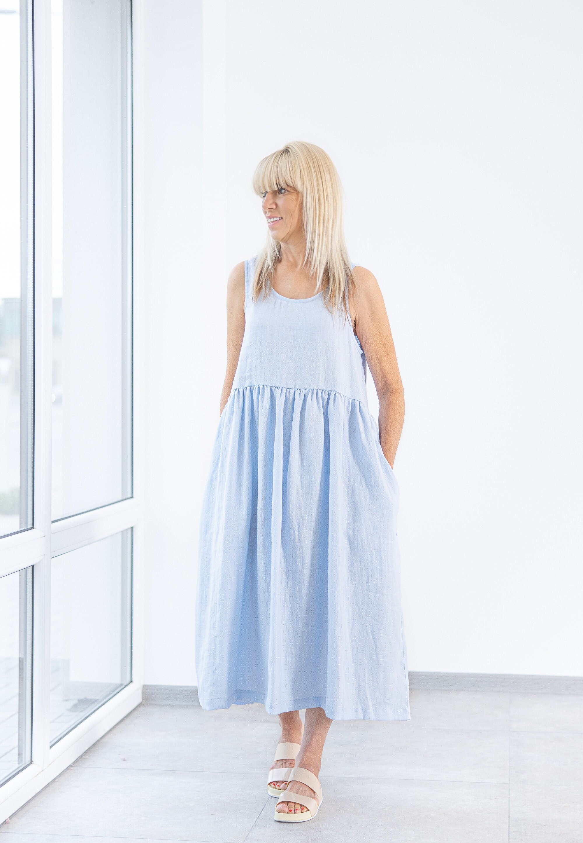 Ready To Ship/Linen Dresses Eve Midi Length Ruffled Dress, Sleeveless
