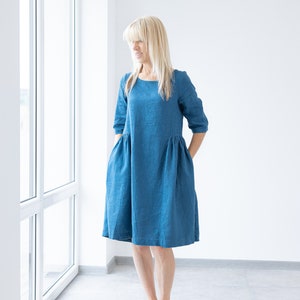 Blue Linen ruffled dress SARAH / Women linen dress / summer dress / linen SIMPLE dress / Handmade clothing / simple dress / minimalistic image 2