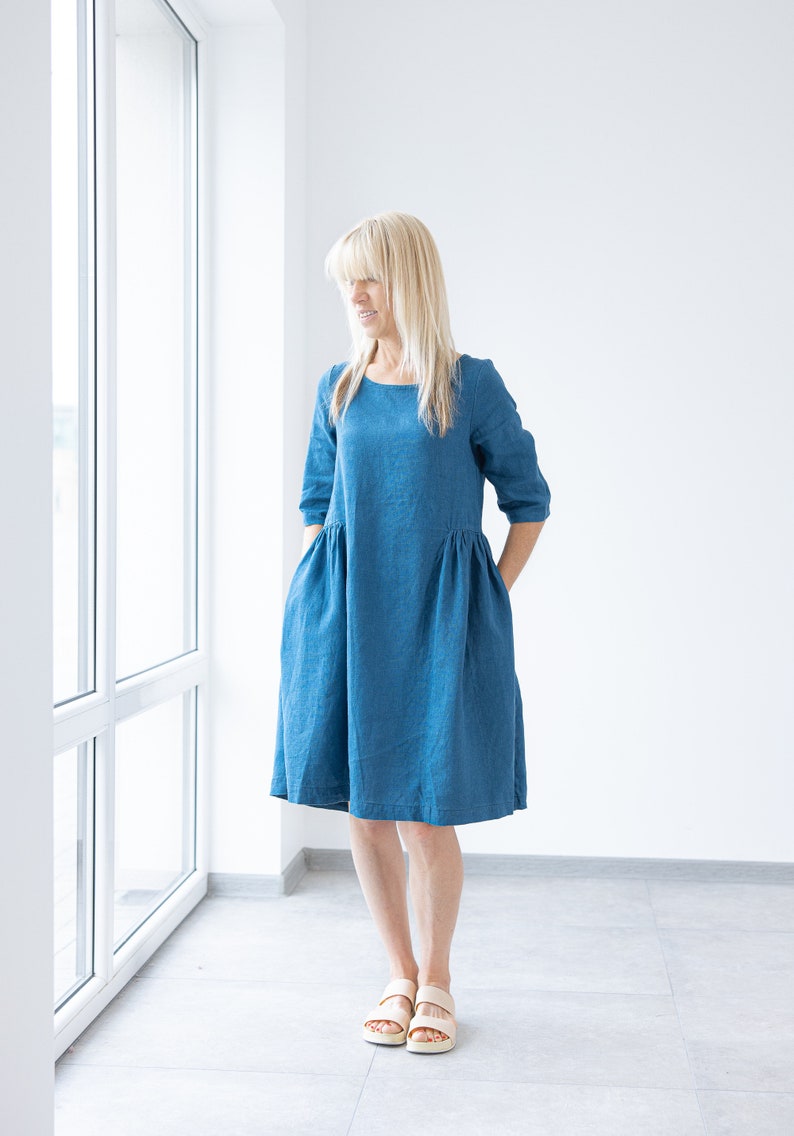 Blue Linen ruffled dress SARAH / Women linen dress / summer dress / linen SIMPLE dress / Handmade clothing / simple dress / minimalistic image 2