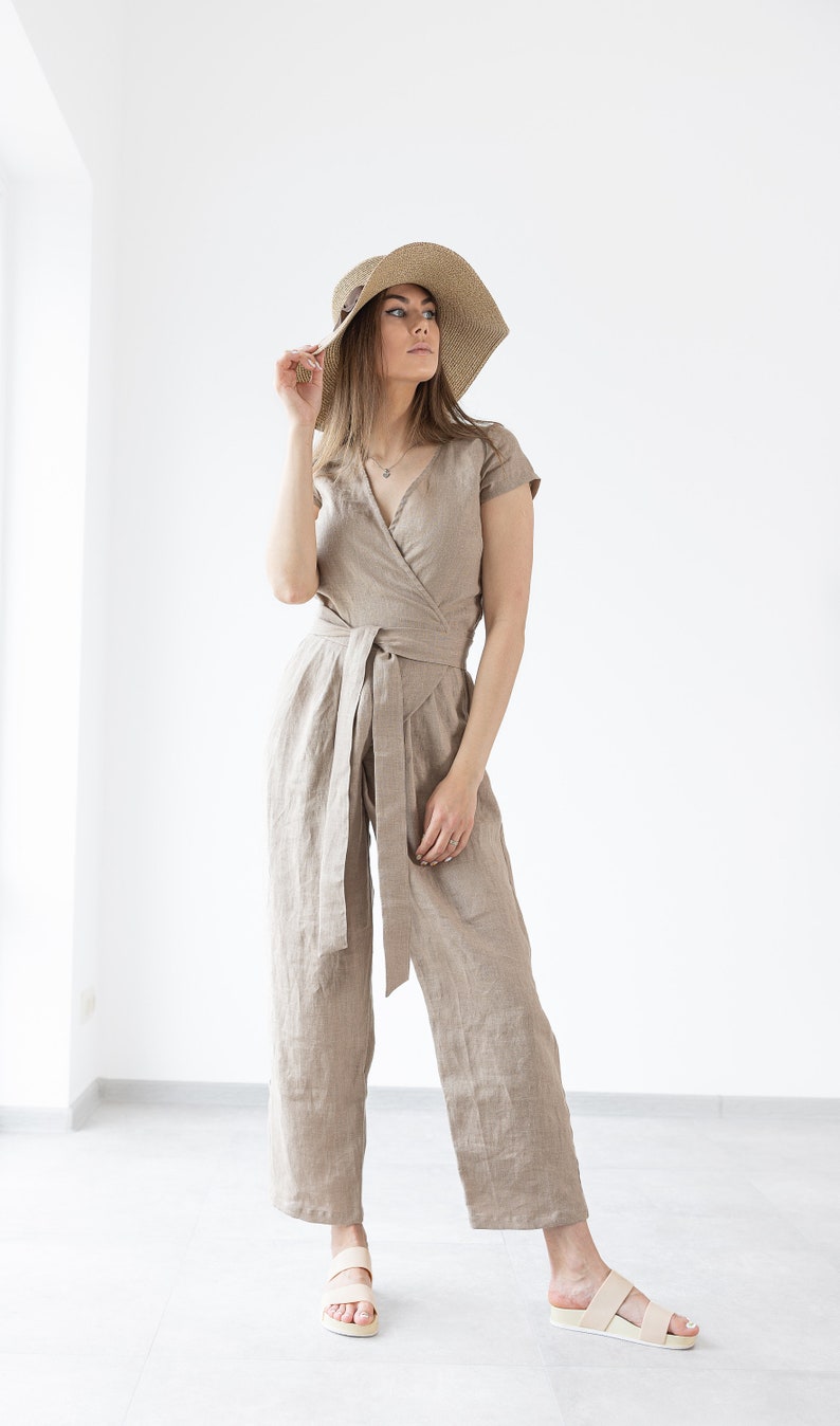 Linen Jumpsuit Mila / Loose Linen Overalls / Linen Romper With Belt / Women's Minimalist Linen Jumpsuit image 2