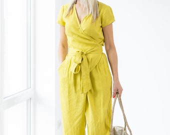 Ready to ship / Women's Linen Jumpsuit Mila / Wrap Linen Jumpsuit / Loose Linen Overalls / Linen Romper With Belt