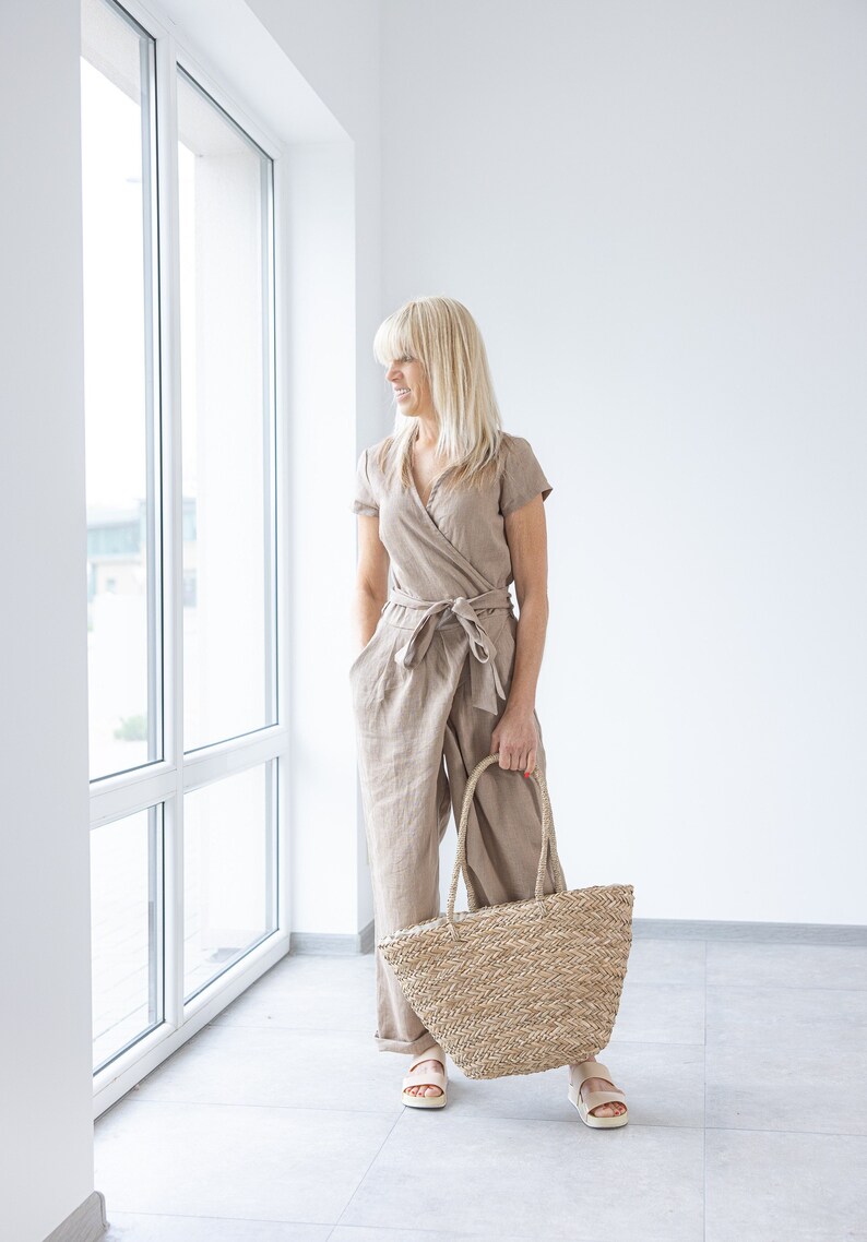 Brown Linen Jumpsuit / Mila / Loose Linen Overalls / Linen romper with belt / handmade wrapped linen jumpsuit image 1