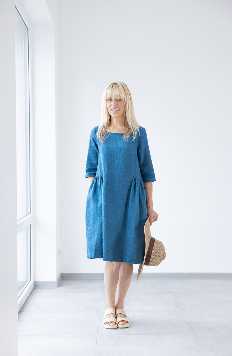 Blue Linen ruffled dress SARAH / Women linen dress / summer dress / linen SIMPLE dress / Handmade clothing / simple dress / minimalistic image 1