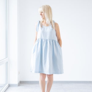 Blue Linen dress with pockets BIANCA / sleeveless linen summer dress / maternity dress / linen clothing / midi linen dress / minimalistic