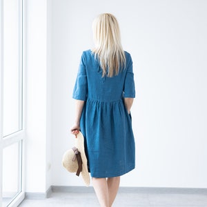 Blue Linen ruffled dress SARAH / Women linen dress / summer dress / linen SIMPLE dress / Handmade clothing / simple dress / minimalistic image 5