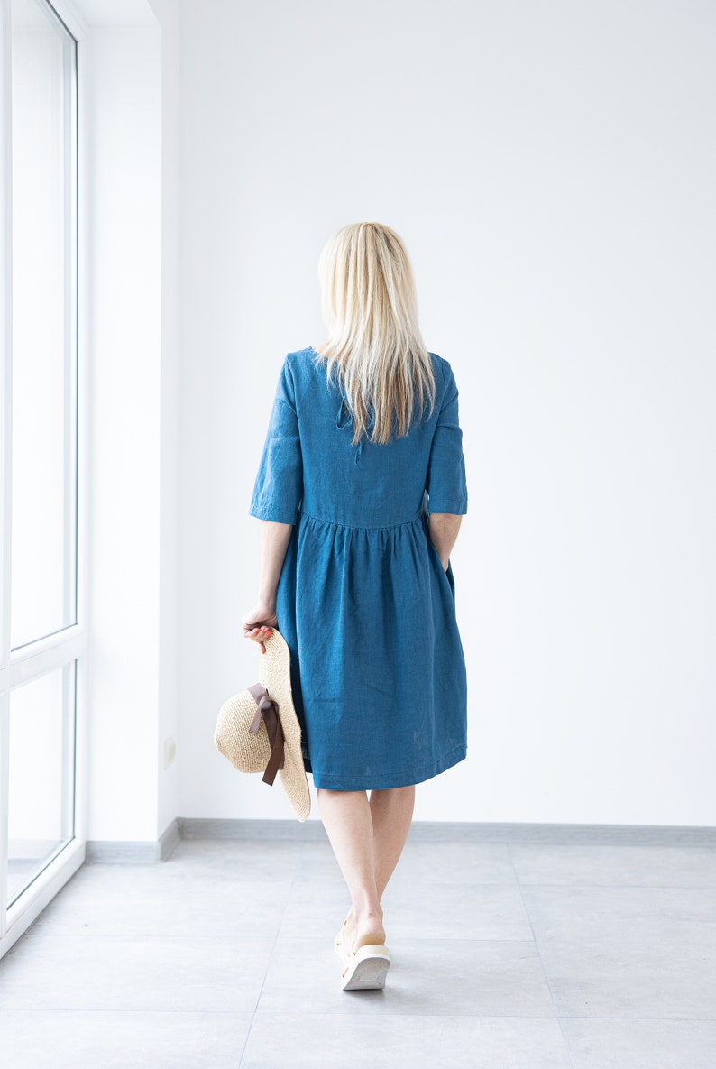 Blue Linen ruffled dress SARAH / Women linen dress / summer dress / linen SIMPLE dress / Handmade clothing / simple dress / minimalistic image 5