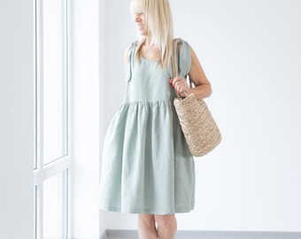 Linen Dress BIANCA / sleeveless linen dress / Simple Dress With Bow Tie Shoulders / Midi Linen Dress / Ruffle dress/ Minimalist clothing